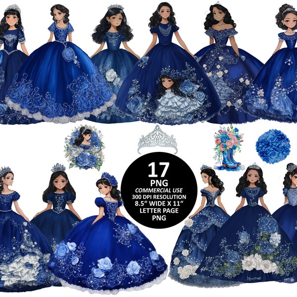 Watercolor Navy Blue Quinceañera Princess Dresses, Princess Tiara PNG Quince Party. Cowboy Boots Centerpieces Clipart. COMMERCIAL USE