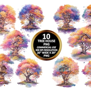 Watercolor Autumn Tree House illustration PNG for  Sublimation Design tshirt, 10 Fairy Tree House Bundle for Stickers COMMERCIAL USE