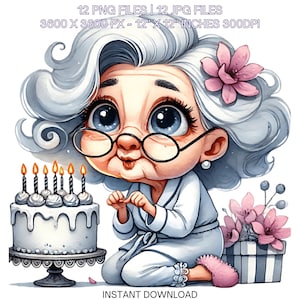 12 Aniversário de Vovó Louca em Pijama PNG Clipart | Bolo Engraçado de Velha Senhora | Vovó Branca de Desenho Animado Fofa | Uso Comercial de Sublimação de Mulher Feliz