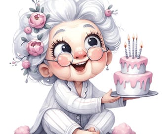 Funny Grandma Birthday PNG Clipart | Cartoon Old Lady (Digital Download)