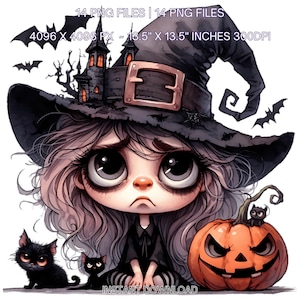 May include: A digital illustration of a sad witch with large eyes, wearing a black hat with a buckle and a black dress. A carved orange pumpkin and two black cats are also featured. The image is 13.5 x 13.5 inches and includes the text "INSTANT DOWNLOAD".