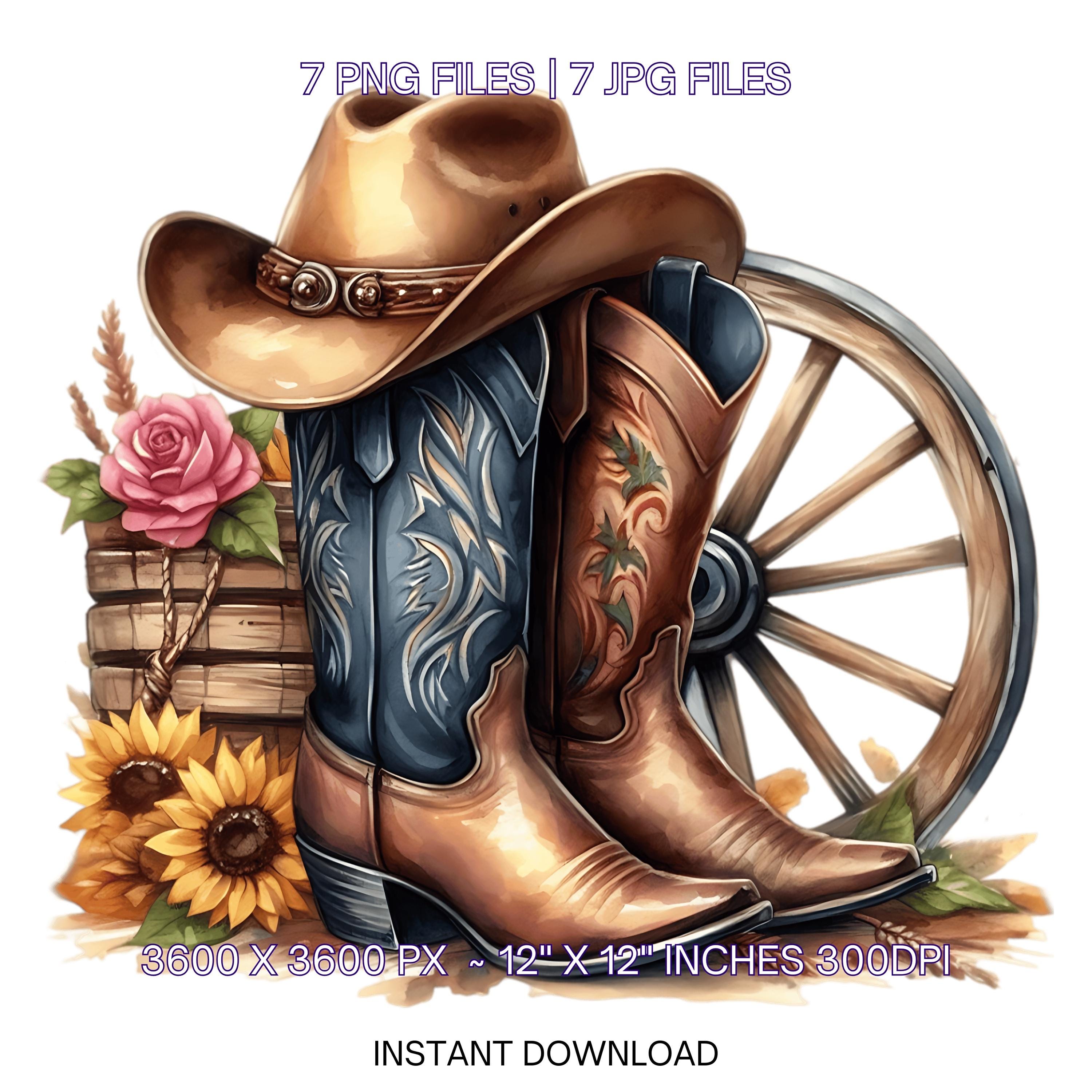 Watercolor Cowboy Boots Hat Old Wagon Wheel | 7 Country Cowboy Clipart Sublimation Designs | Country Boy Illustration PNG Commercial use