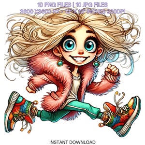 10 Crazy Quirky Girl Running Day PNG Clipart | Funny Running Lady Cartoon | Running Happy Blonde Hair Woman Art Sublimation Commercial Use