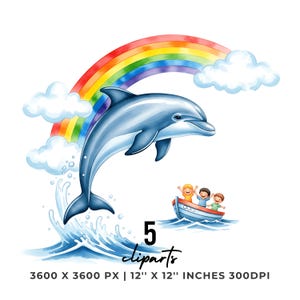 Dolphin Clipart PNG | 4 Watercolor Dolphin leaping joyfully with a rainbow behind it and children's boat | Sublimation Commercial Use