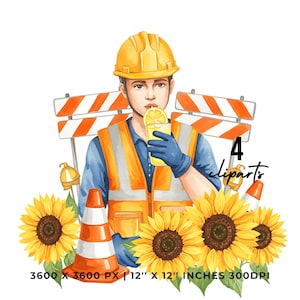 Construction Worker Clipart 4 PNG 4 JPG | Hard Hat Builder Sipping Drink | 12&quot;x12&quot; 300DPI | Instant Download Graphic Commercial Use