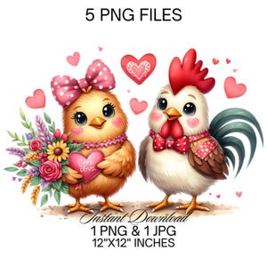 Farm  Chickens Family Clipart | Hen & Rooster PNG | Valentine&#39;s Day Chicken in Love Sublimation | Love Birds | Farm Life Couples Commercial