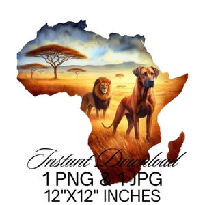 Afrikanischer Löwe und Rhodesian Ridgeback Hund in der afrikanischen Savanne PNG Sublimation | Dschungel Clipart | Afrika Landkarte Digitaler Download | Kommerzielle Nutzung