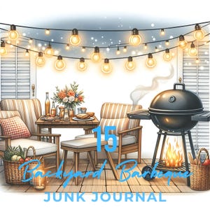 Paquete de 15 papeles para álbumes de recortes con temática de barbacoa en el patio trasero / Papel digital de acuarela con temática de verano JPG / Ilustraciones de picnic con fondo de barbacoa