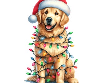 Può includere: Un golden retriever sorridente con un cappello da Babbo Natale e una ghirlanda di luci natalizie multicolore. L'immagine include il testo "15 PNG FILES", "3600 X 3600 PX ~ 30.48 cm X 30.48 cm INCHES 300DPI", e "INSTANT DOWNLOAD".