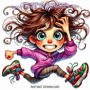 Puede incluir: Una ilustración de dibujos animados de una niña con cabello castaño, que lleva una sudadera con capucha rosa y pantalones a cuadros, corriendo con una expresión decidida. Tiene grandes ojos azules y una amplia sonrisa. Sus zapatillas son coloridas y detalladas.