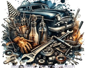 Watercolor Mechanic Clipart: Car Repair Tools (PNG JPG Digital Download)