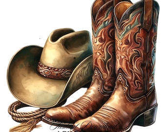 Cowboy Rodeo Boots & Hat Watercolor PNG Clipart | 5 Country Cowboy Good Sublimation Designs | Country Boy Things Illustration Commercial Use