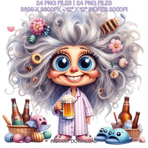 24 Crazy Grandma in Pijama Drinking Beer PNG Clipart | Funny Old Lady | Cute Cartoon White Grandma | Happy Woman Sublimation Commercial Use