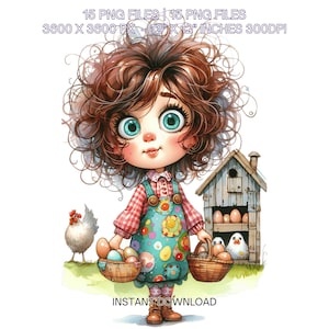 15 eigenzinnig boerenmeisje voor het kippenhok met een mand met eieren terwijl ze lacht met nieuwsgierigheid Clipart-png Sublimatie Commercieel gebruik