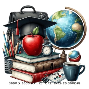Lehrer Clipart mit Abschluss Tasse, Bleistifte, Erdkugel, Kaffeetasse, Rucksack & roter Apfel auf Bücher | Sublimation 4 JPG-PNG Kommerzielle Nutzung