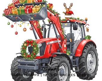 May include: A red tractor decorated for Christmas, with a wreath, garland, and lights. The front loader is filled with wrapped gifts. A reindeer in a Santa suit sits on top. The image text reads "3600X3600 PX | 12" X 12" INCHES 300DPI".