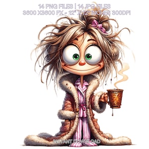 14 Morning Coffee Girl in Pijama PNG Clipart | Funny Woman | Crazy Cute Blonde Girl Cartoon | Grumpy Lady Image Sublimation Commercial Use