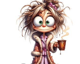 Morning Coffee Girl Clipart: Funny Pijama Cartoon (PNG JPG Digital Download)