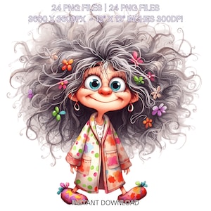 24 Abuela loca en pijama PNG / Imágenes prediseñadas de ancianas divertidas / Abuela blanca de dibujos animados linda / Mujer feliz Sublimación Uso comercial