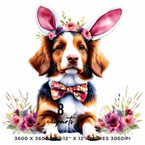 Nova Scotia Duck Tolling Retriever Wearing Floral Bow & Bunny Ear Handband Ready for Easter Egg Hunting Clipart PNG, 8 Dog Lover Commercial
