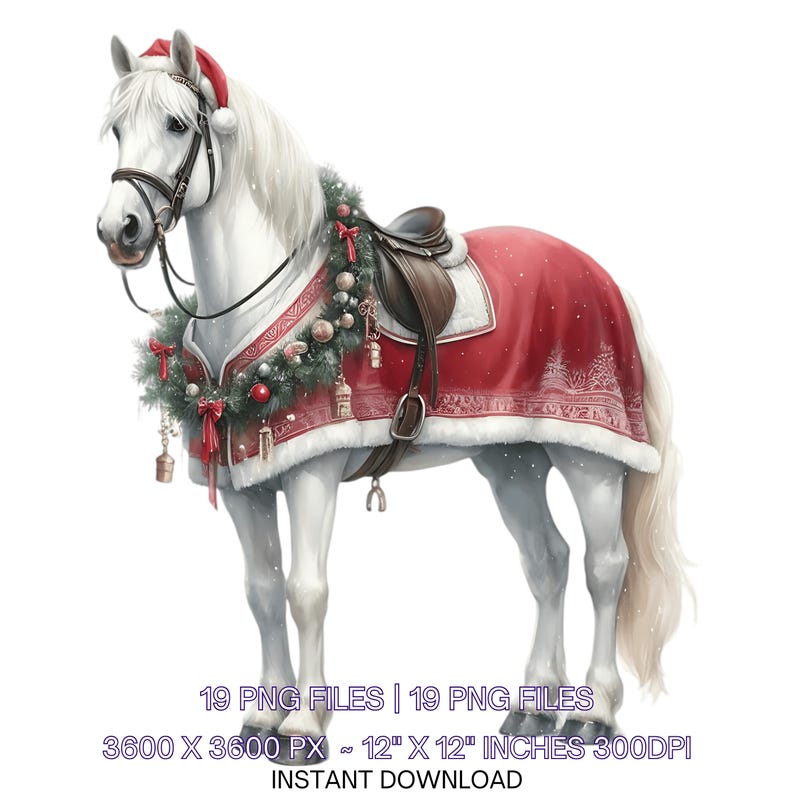 Christmas White Horse PNG Clipart: Santa Hat & Blanket (digital ...
