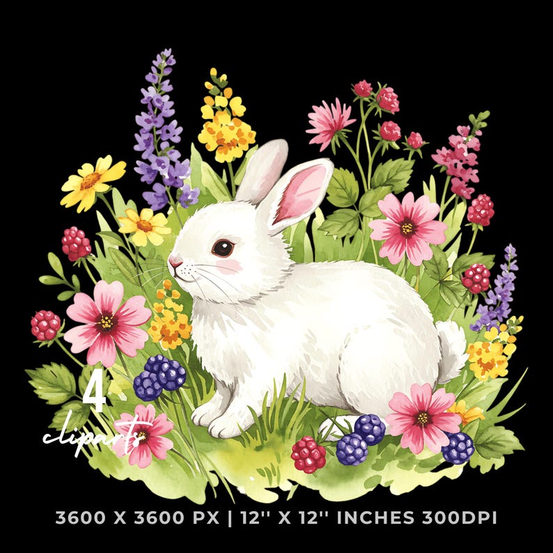 Bunny Floral Clipart: Spring Garden Rabbit Illustration (PNG JPG ...