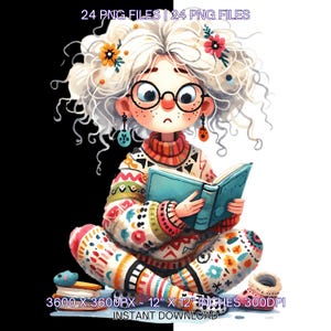 24 Woman Reading in Cozy Clothes Clip Art PNG | Cute Old Lady Reading in Pijama Clipart | Happy Grandma Reading | Sublimation Commercial Use