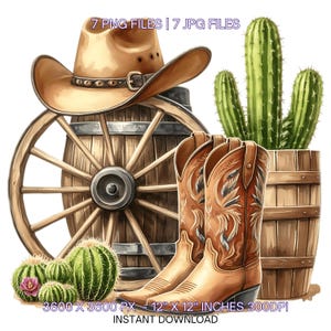 Puede incluir: Un conjunto de clipart digital que incluye un sombrero de vaquero, botas de vaquero, una rueda de carro y cactus. Las imágenes son de 3600 x 3600 píxeles y de 12 pulgadas por 12 pulgadas a 300 DPI.