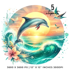 Dolphin Clipart PNG | 5 Watercolor Graceful Dolphin in Turquoise Waves at Sunset, Sparkles & Tropical Birds | Underwater Commercial Use
