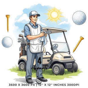 Golf Caddy Clipart Set | Golf Cart, Clubs & Caddy | Summer Sport Clipart | 4 PNG 4 JPG | Sublimation Design 12"x12" 300DPI Commercial Use