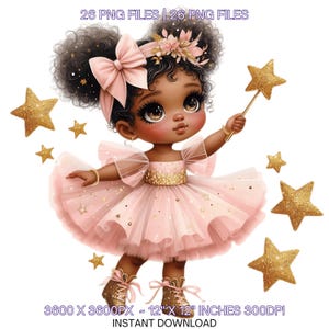 26 Twinkle Little Black Girl con estrellas y varita mágica de hadas Clipart PNG / Tarjeta de scrapbooking basura de acuarela, uso comercial de sublimación