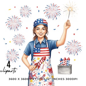May include: Illustration of a person wearing a blue shirt, apron, and hat with an American flag design, holding a sparkler and a rocket. Fireworks and confetti are in the background. The text "4 cliparts" is visible.