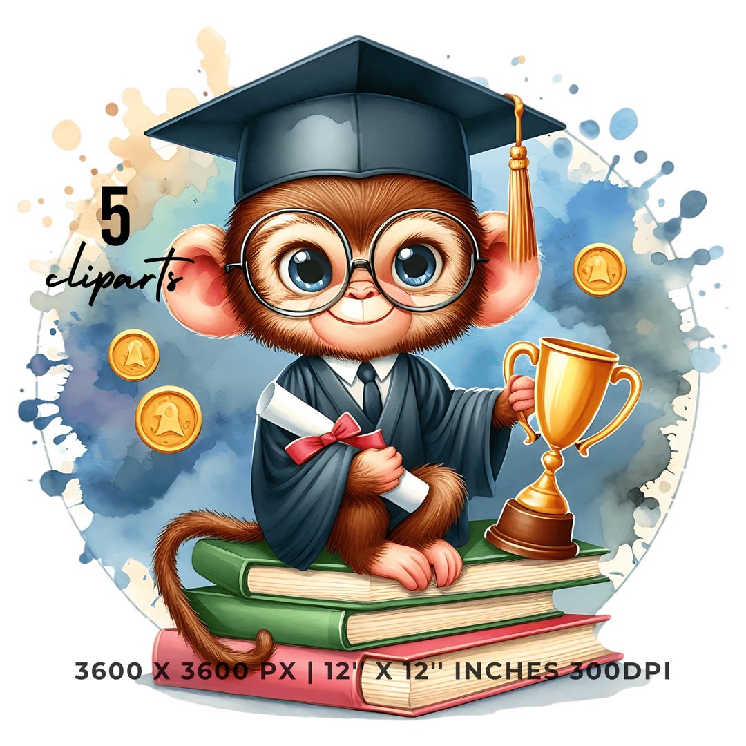 Kindergarten Graduation Monkey Clipart: Diploma, Cap (5 JPG-PNG) - Etsy