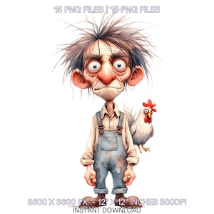 May include: A watercolour illustration of a cartoon farmer with a chicken. The farmer is wearing overalls and a button-down shirt. The image includes the text "15 PNG FILES", "3600 X 3600 PX ~ 30.5cm X 30.5cm INCHES 300DPI", and "INSTANT DOWNLOAD".