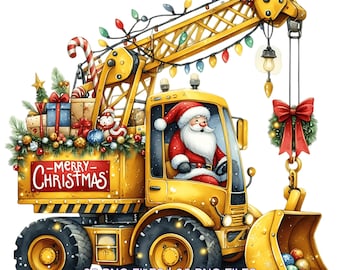 以下が含まれることがあります： クリスマス仕様に装飾された黄色の建設車両。運転席にはサンタクロースが座っています。車両のバケットにはオーナメントが詰まっており、荷台にはプレゼントと「MERRY CHRISTMAS」のサインが積まれています。画像には電飾が含まれています。