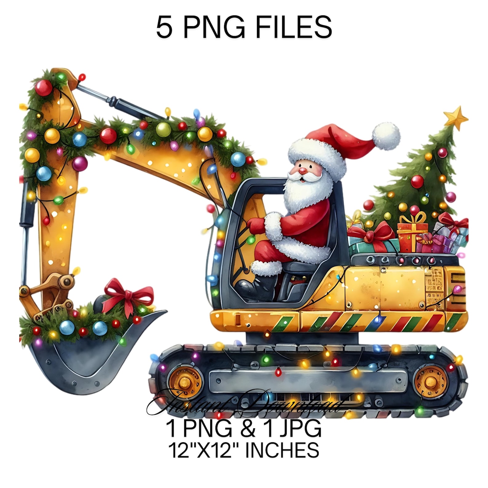 Watercolor Christmas Excavator PNG Clipart: Santa Truck (digital ...