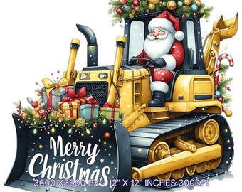 以下が含まれることがあります： クリスマス用に装飾された黄色のブルドーザーを運転するサンタクロースのデジタルイラスト。ブレードには「Merry Christmas」と書かれており、画像サイズは30.48 cm x 30.48 cmです。プレゼントやオーナメントがブルドーザーを飾っています。