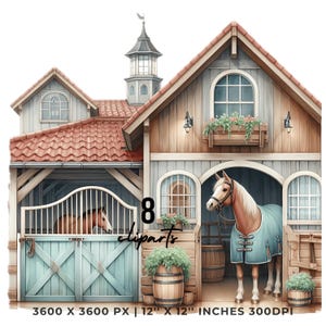 May include: A digital illustration of a rustic barn with a red tile roof, a horse stable with a blue door, and a horse wearing a blue blanket standing inside the stable. The barn has a light brown wooden exterior with white trim and a light blue door. The horse is brown with a white face and a white mane and tail. The barn is set against a white background.