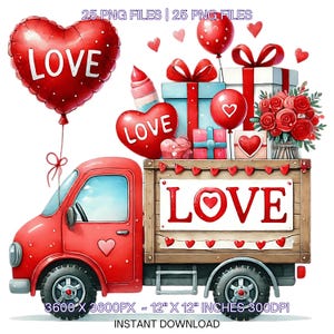 Valentine Truck Clipart: Watercolor Love Cars PNG (Digital Download)