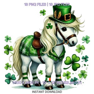 Pony irlandés de San Patricio PNG / Arte de caballo con trébol / Caballos pequeños para uso comercial