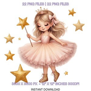 22 Niña centelleante con estrellas y varita mágica de hadas Clipart PNG / Acuarela Junk Journal, Tarjeta de Scrapbooking, Sublimación Uso comercial