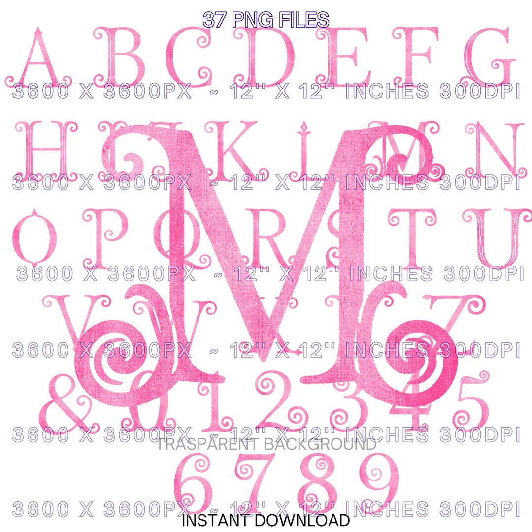 Pink Monogram Cursive Pink Script Monogram Alphabet Clipart | 37 PNG Letters, Numbers ...