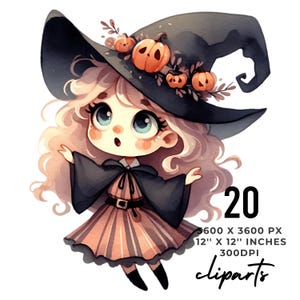 20 Halloween Girl PNG Clipart | Whimsical Witch Clipart PNG | Witch with Broom Clip Art | Ephemera Magic Halloween Clip Art | Commercial Use