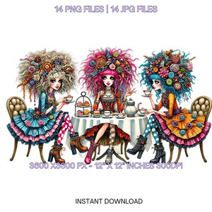 14 Chá da tarde Garota peculiar Clip Art PNG Alta resolução Aquarela Fantasia, Cartão caprichoso, Sublimação, Diário de lixo, Comercial de scrapbooking