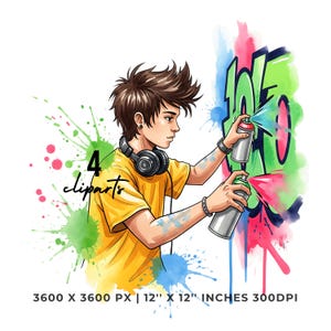 May include: Illustration of a person with headphones and a yellow shirt, spray painting graffiti. The image includes the text "4 cliparts" and the dimensions "12" x 12" inches 300DPI". The graffiti is in green, pink, and blue.