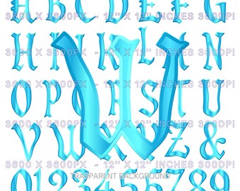 Ijsblauw metallic middeleeuws alfabet clipart, Blackletter, png (digitale download)