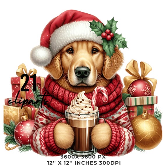 21 GOLDEN RETRIEVER Dog With Candy Cane Hot Cocoa Wearing an Ugly