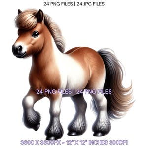 24 cliparts PNG cheval miniature, poneys aquarelle animaux de la ferme pour la fabrication de cartes, scrapbooking, journal indésirable, image par sublimation usage Commercial