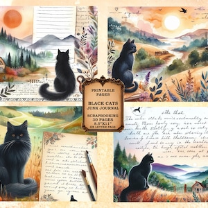 30 printable BLACK CATS themed PAGES for Printable Junk journal, Black Kitten scrapbooking paper Collaged cozy background 8.5&#39;&#39;x11&#39;&#39; inches