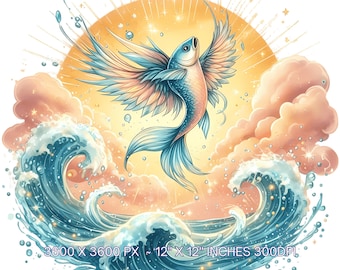"Aquarell ""Flying Fish"" Clipart: Funkelnde Wellen PNG (Digital Download)"